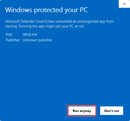Windows 安全提醒页面，选择 Run anyway 继续安装电仓系统客户端